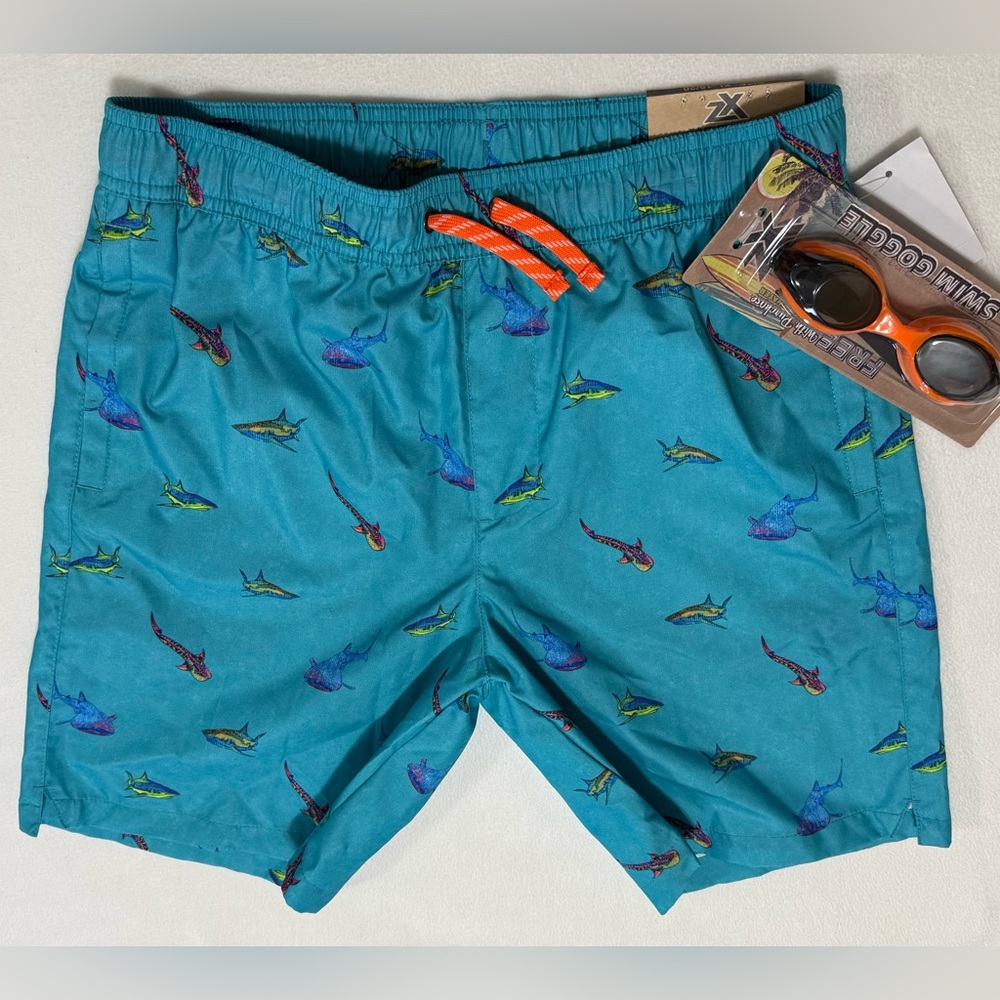 Boys XL-18/20 Teal Shark Print Swim Trunks With Swim Goggle By Zeroxposur - NWT
